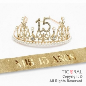 SET VINCHA Y BANDA MIS 15 A�OS PERLAS Y STRASS ORO (10548G) X 1